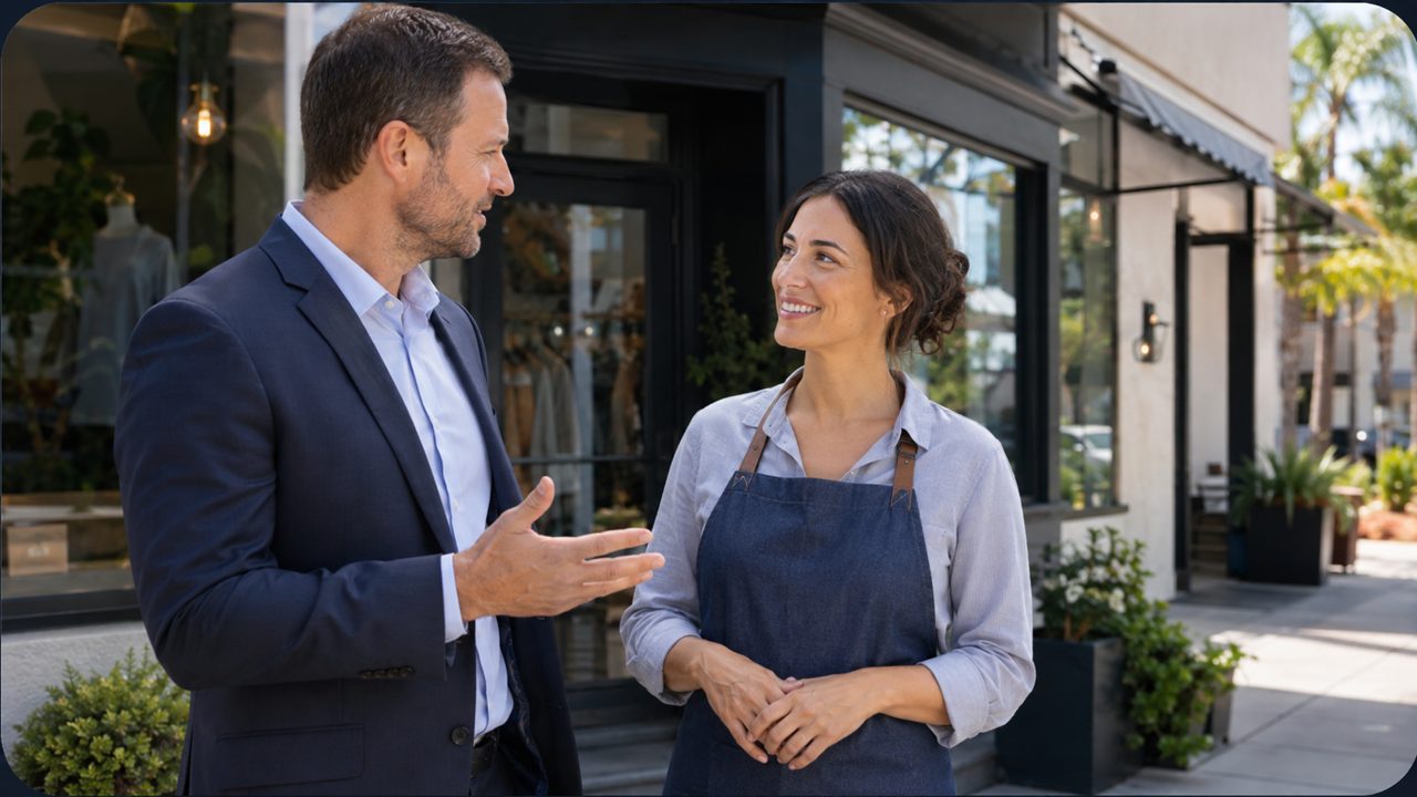 Business owner and tenant standing in front of a Florida storefront