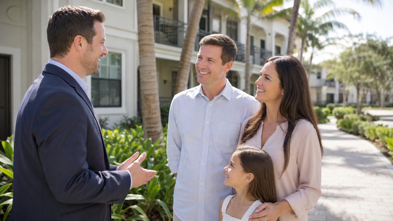 Property manager speaking with residents outside a Florida apartment community