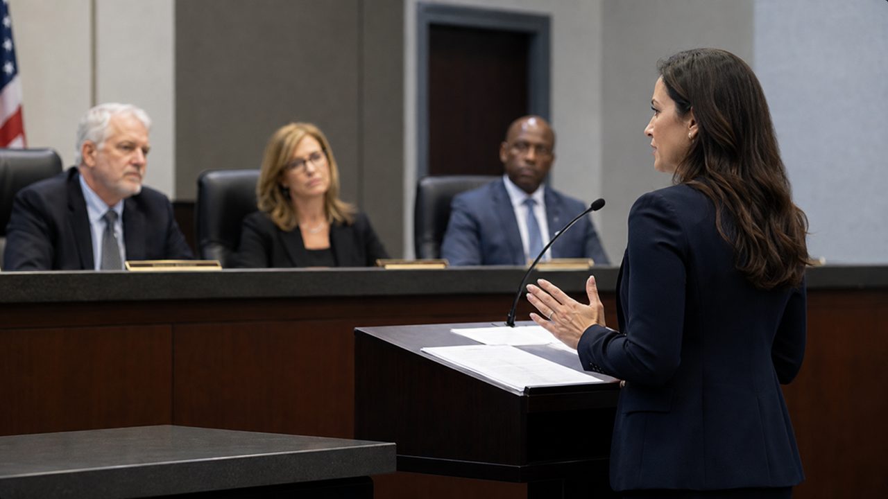 Woman attorney presenting before a formal hearing panel