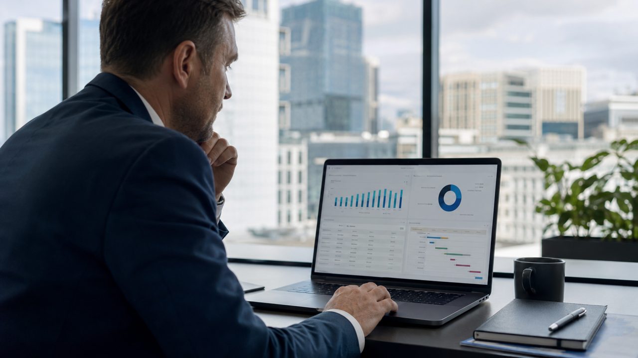 Commercial property owner reviewing a dashboard in an office